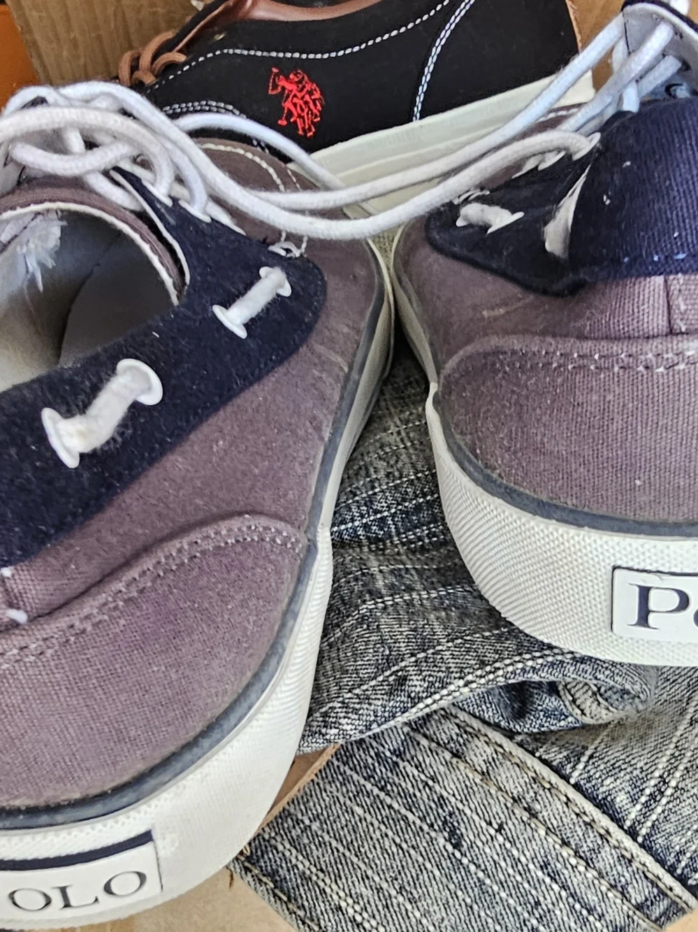 Polo by Ralph Lauren Grey and Navy Canvas Boat Shoes with White Laces